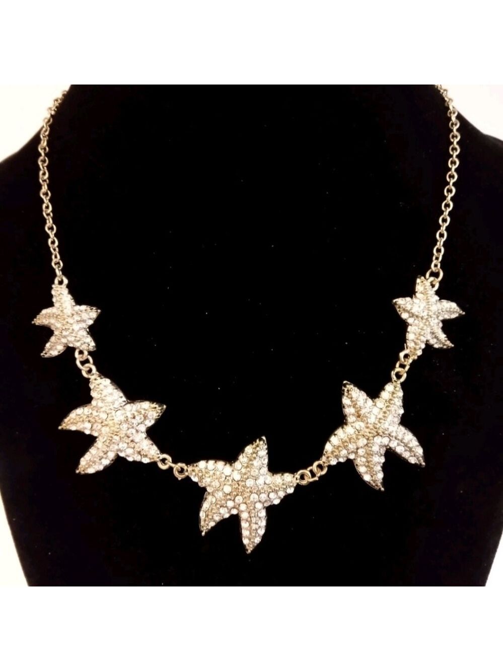 Traci Lynn"Sea Stars"Rhinestone Studded StarFish GoldTone Statement Necklace - Picture 4 of 9